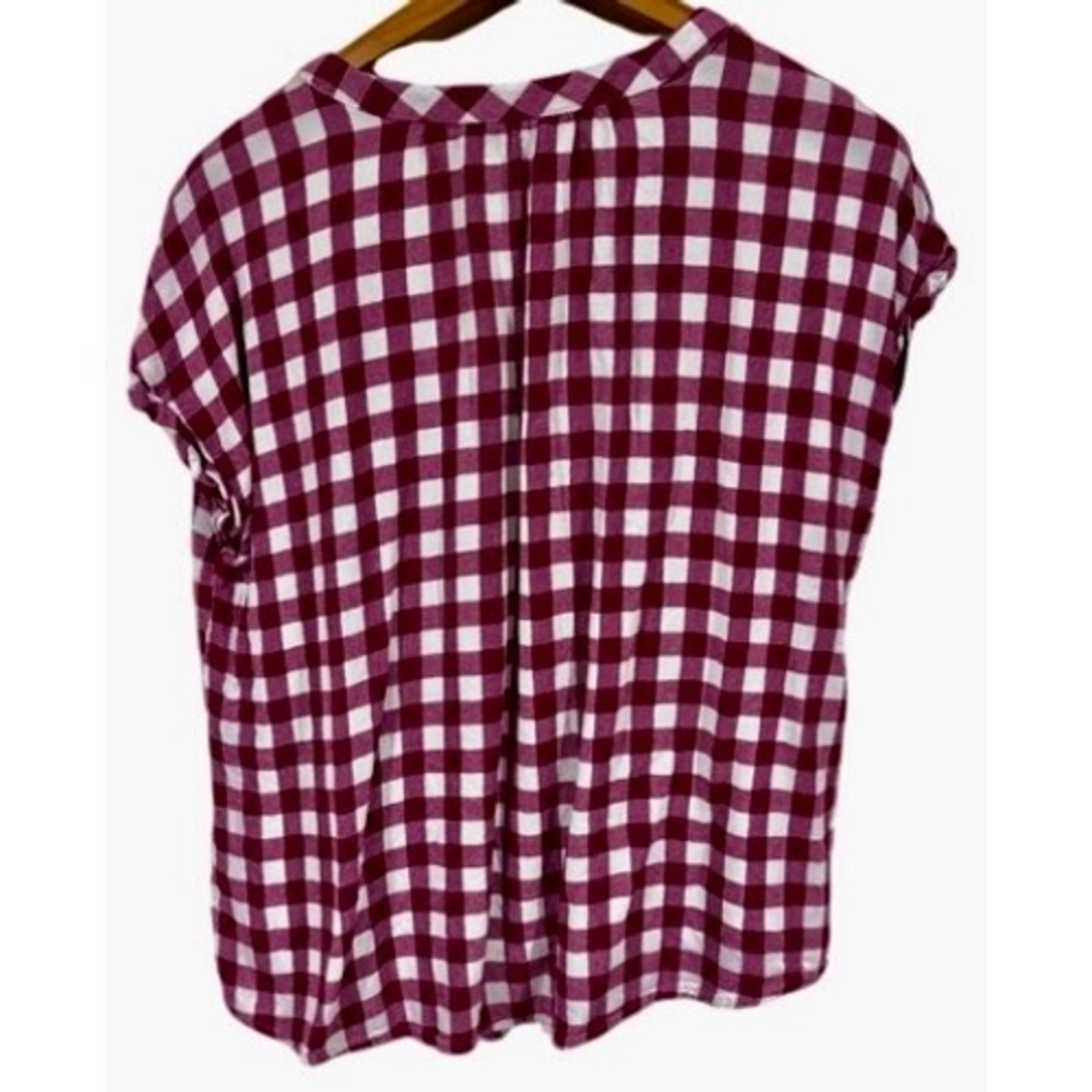 Liz Claiborne Blouse Womens ExLarge Burgundy Gingham Rayon V Neck Preppy - Picture 3 of 12